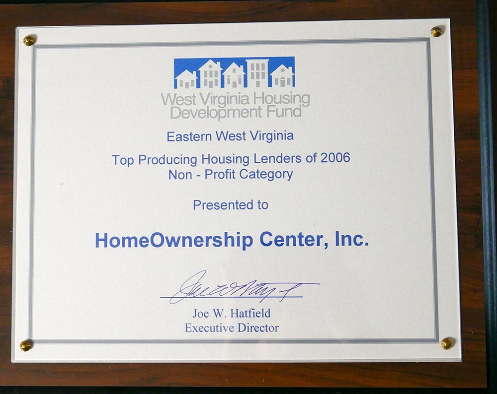 West Virginia Housing Development Fund Top Producing Housing Lenders of 2006 award certificate.